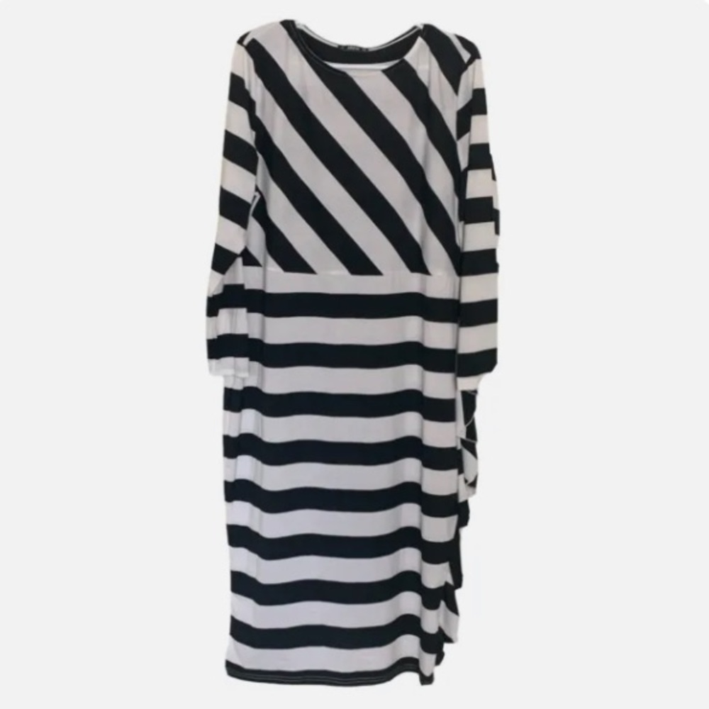Shein Dress XXL Striped Black White Plus Mid Maxi Long Sleeve Comfortable Casual